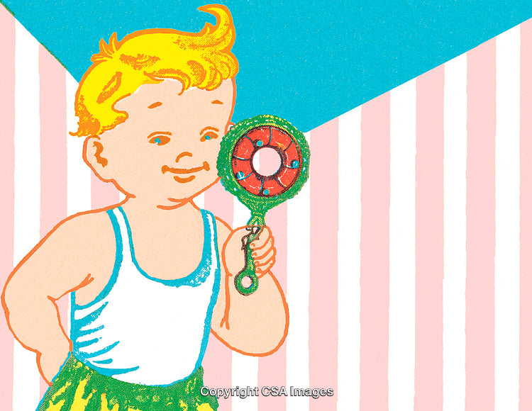 Vintage Illustration of Boy Holding a Lollipop on Striped Background