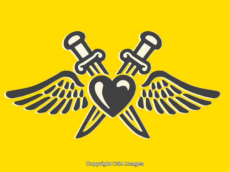 Heart with Wings and Crossed Daggers Over Vibrant Yellow Background