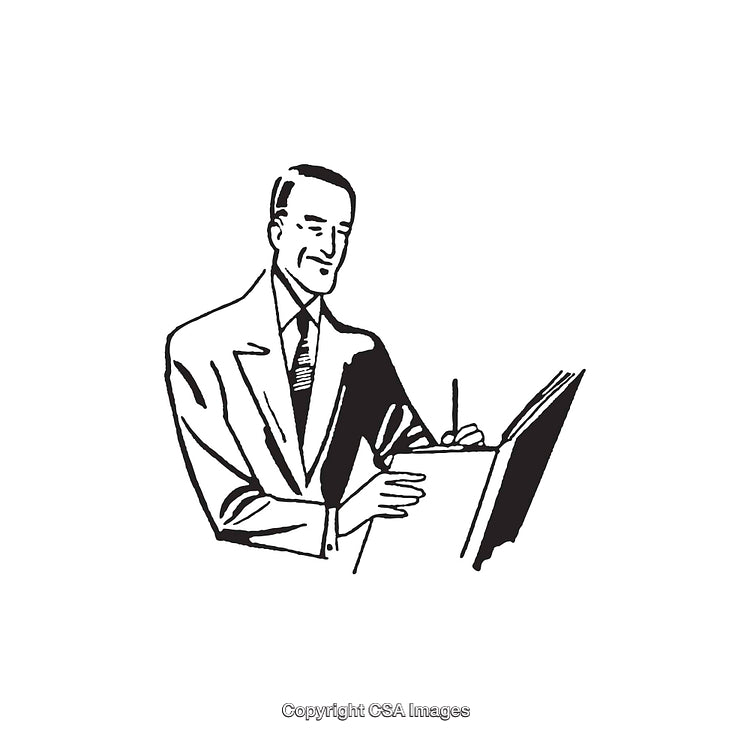Vintage Line Art Illustration of a Man Writing on a Document