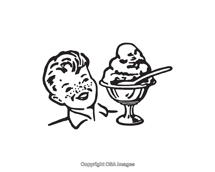 Vintage Line Art of a Boy and Ice Cream Sundae