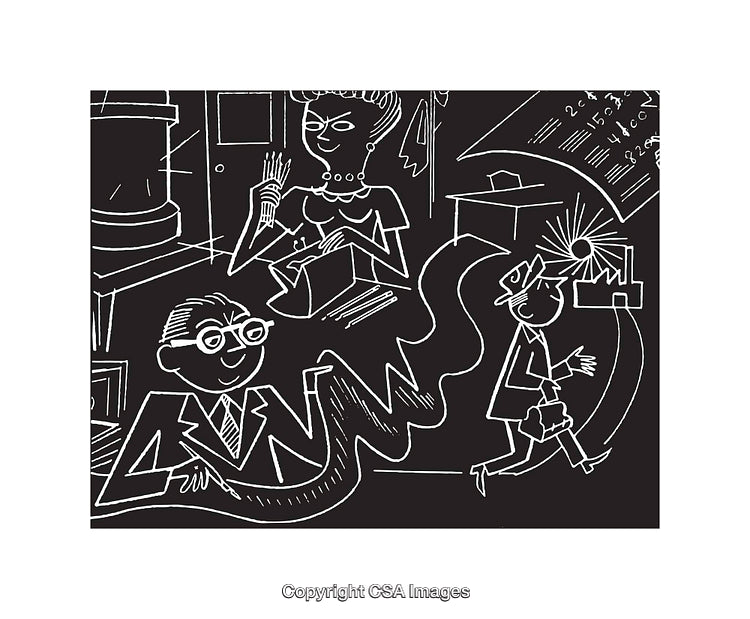 Black and White Line Art Illustration of a Business Scene