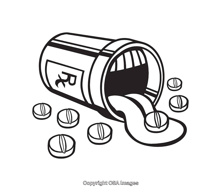 Black and White Line Art of Pharmacy Pill Bottle and Tablets