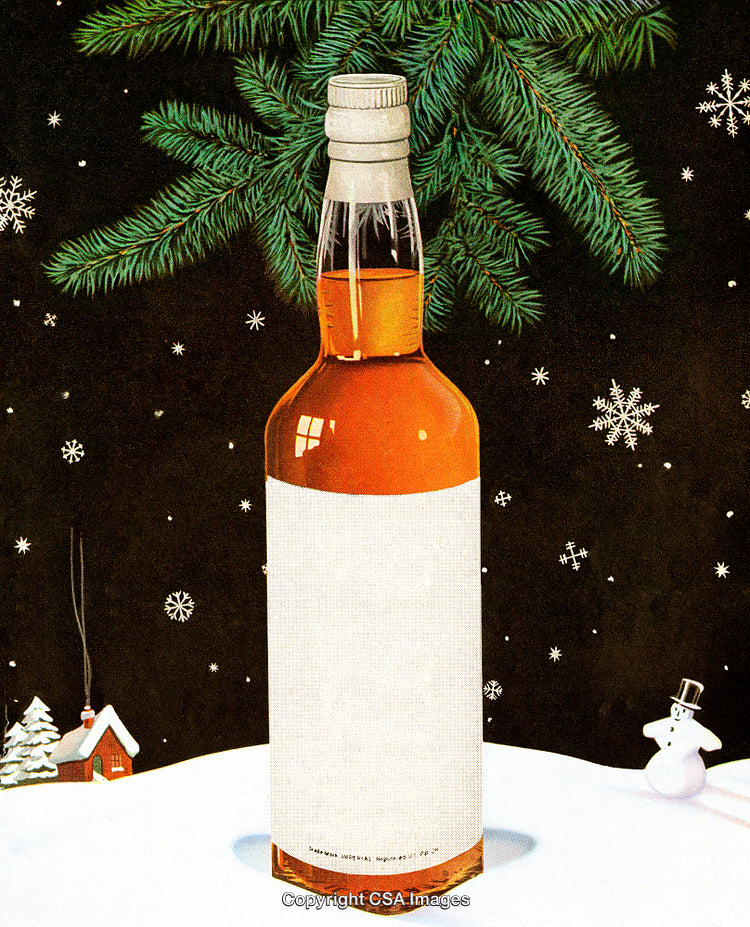 Festive Whiskey Bottle on Snowy Winter Holiday Scene