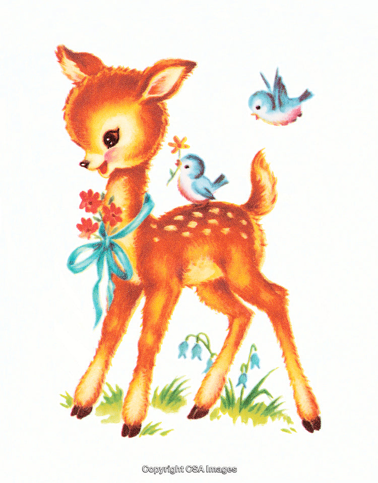 Adorable Deer with Birds and Flowers in a Vibrant Pastoral Scene