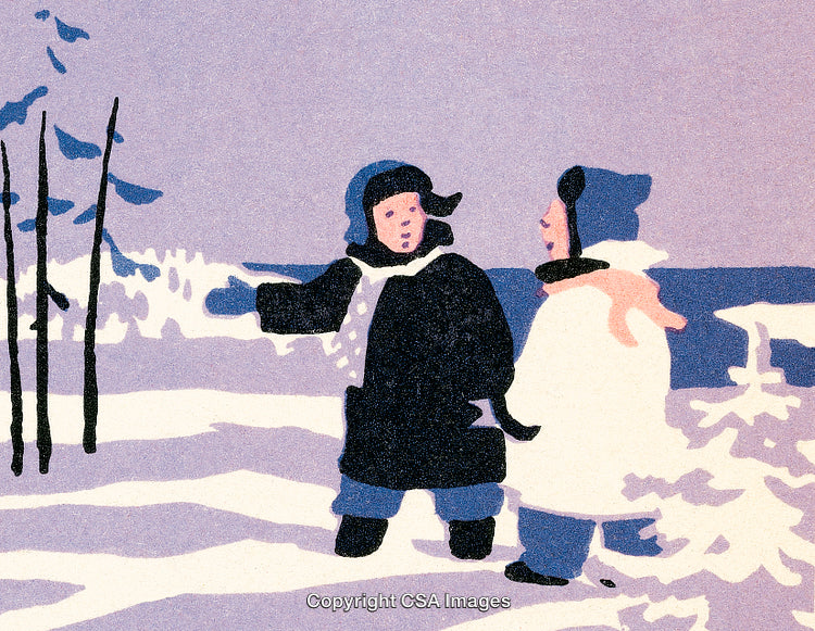 Two Children Enjoying Wintertime Outdoors in Snowy Landscape
