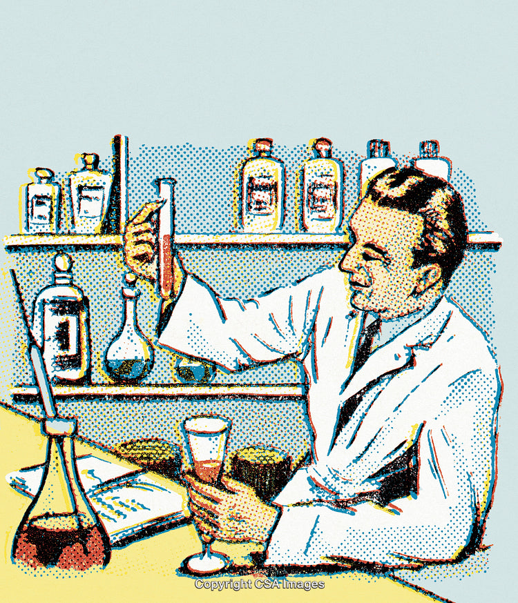 Vintage Illustration of Chemist Working in a Laboratory Setting With Instruments