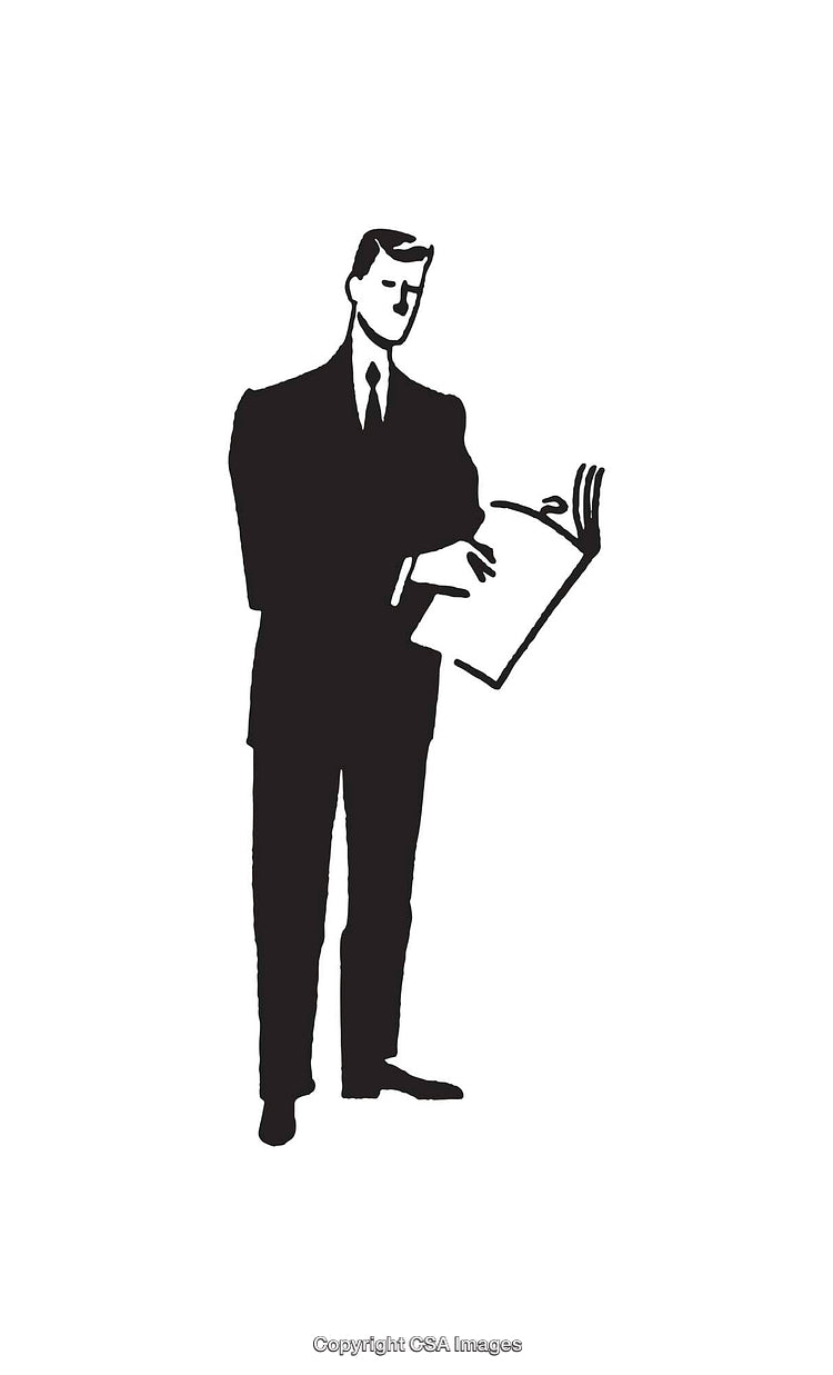 Businessman in Suit Reading a Document Monochrome Line Drawing
