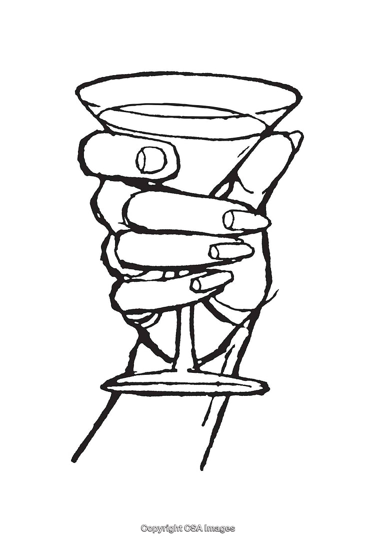 Black and White Line Art of Hand Holding a Cocktail Glass