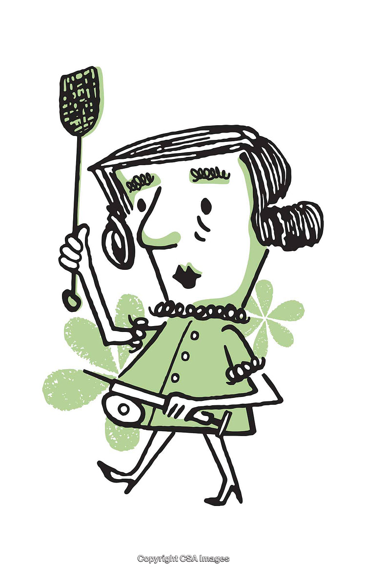 Quirky Cartoon Character With Flyswatter and Green Retro Outfit