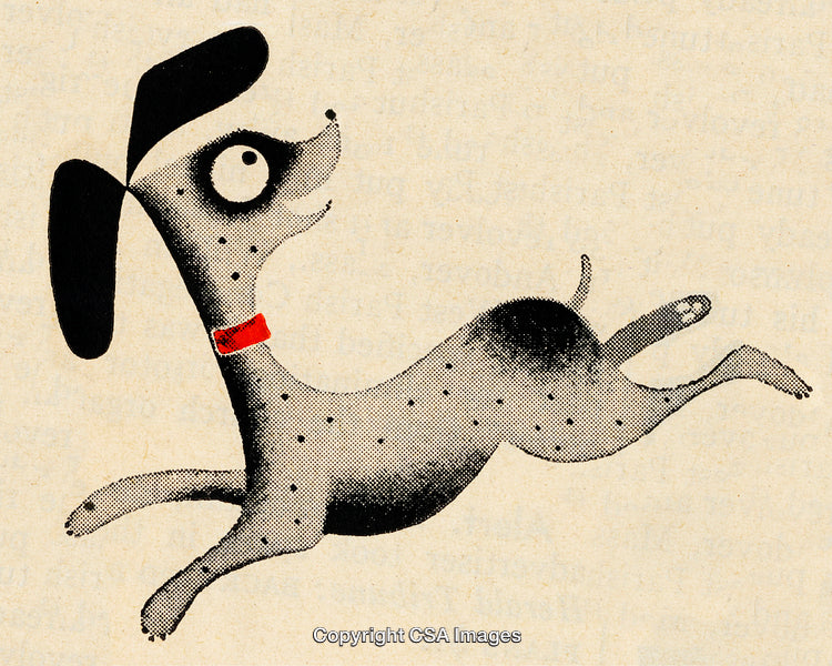 Retro Illustration of a Playful Spotted Dog with Red Collar in Action