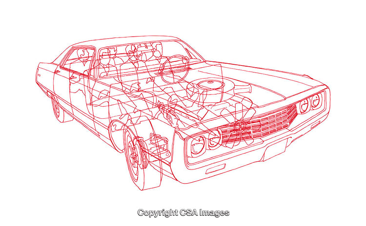 Detailed Line Drawing of a Classic Car with Engine and Interior Visible