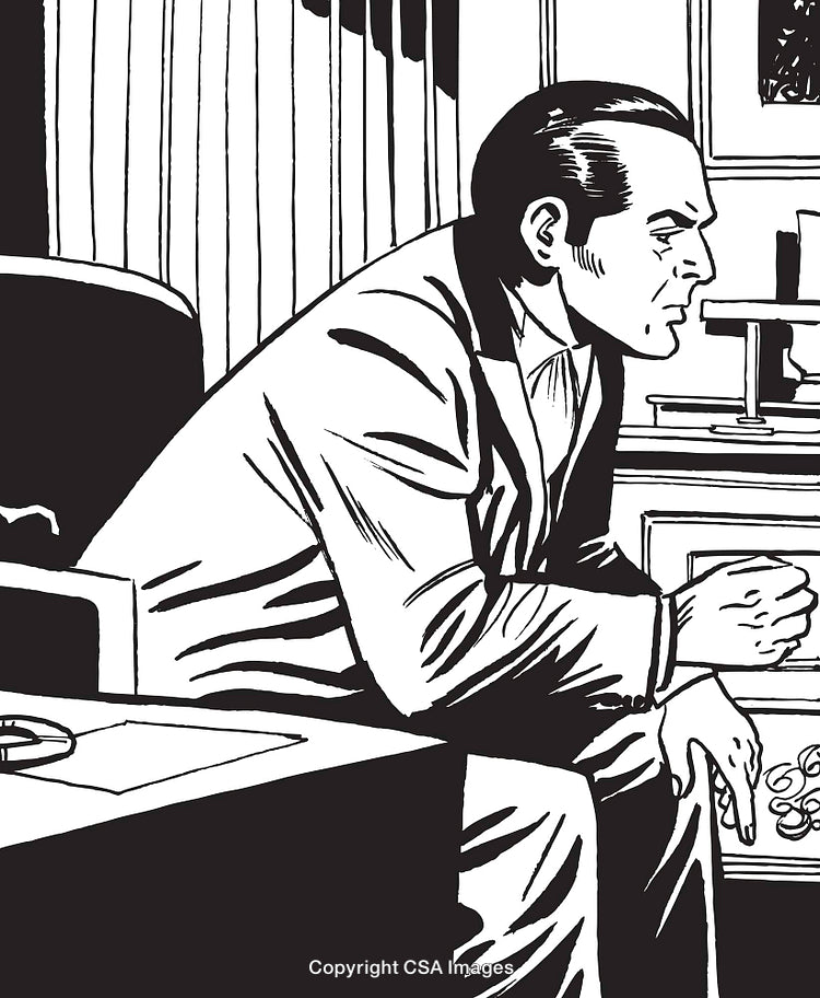 Black and White Illustration of a Seated Serious Businessman in an Office Setting