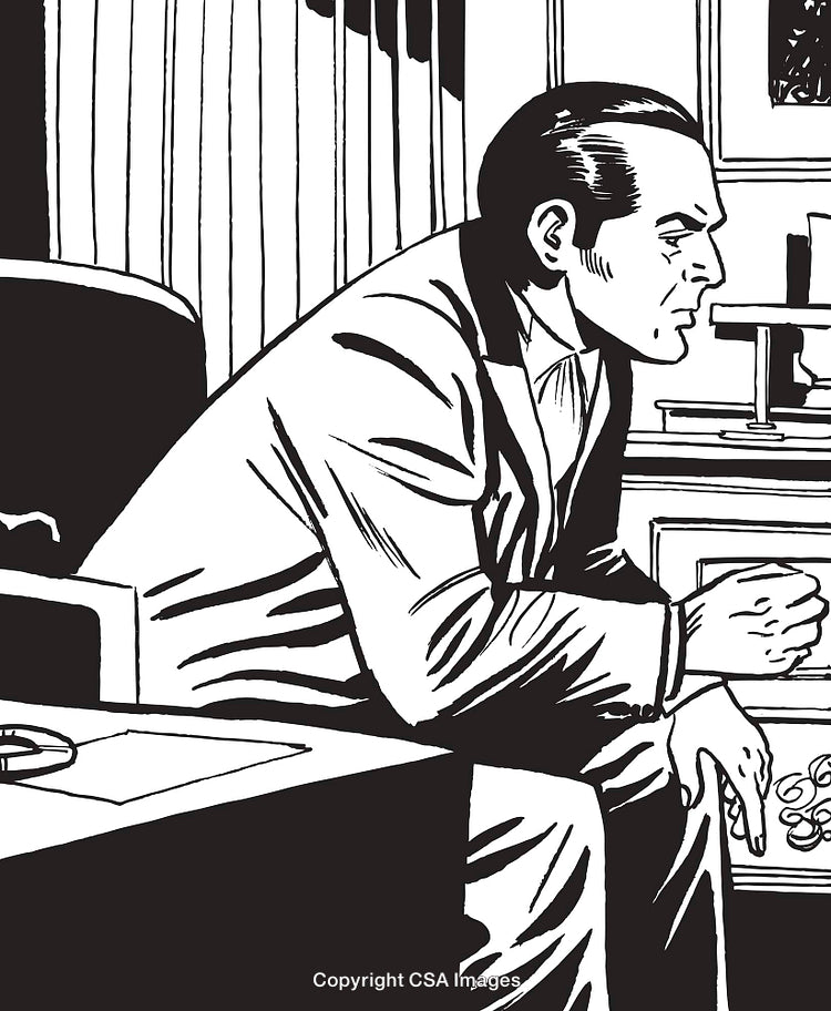 Black and White Illustration of a Seated Serious Businessman in an Office Setting