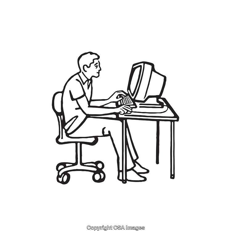 Black and White Line Art of Person Using a Computer at a Desk