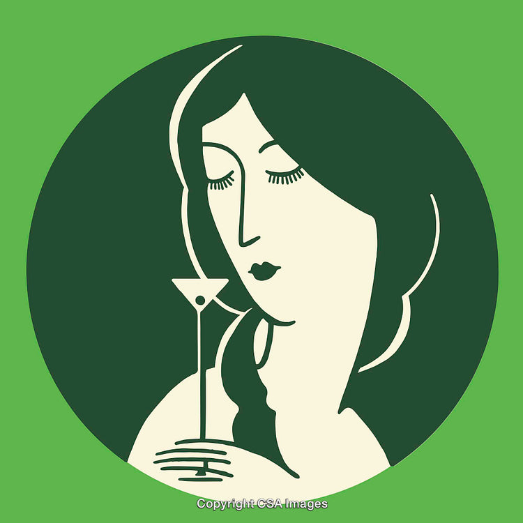 Elegant Woman Holding a Glass of Drink in Retro Line Art