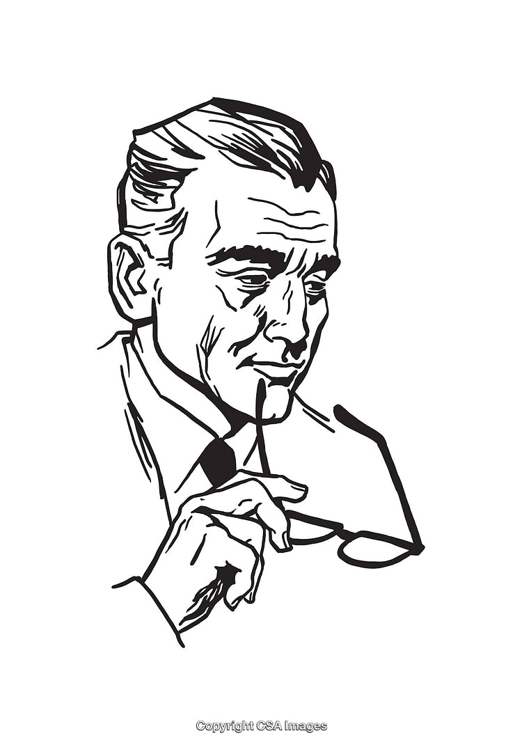 Black and White Line Art of a Thoughtful Man With Glasses