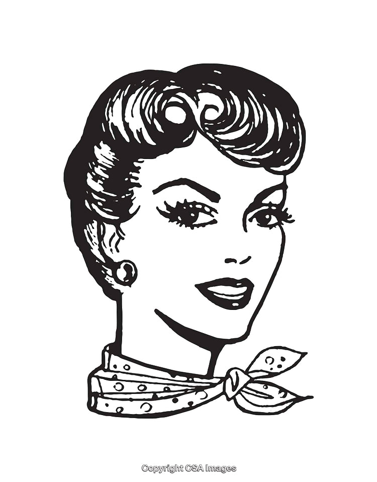 Retro Style Black and White Illustration of a Smiling Woman with Neck Scarf