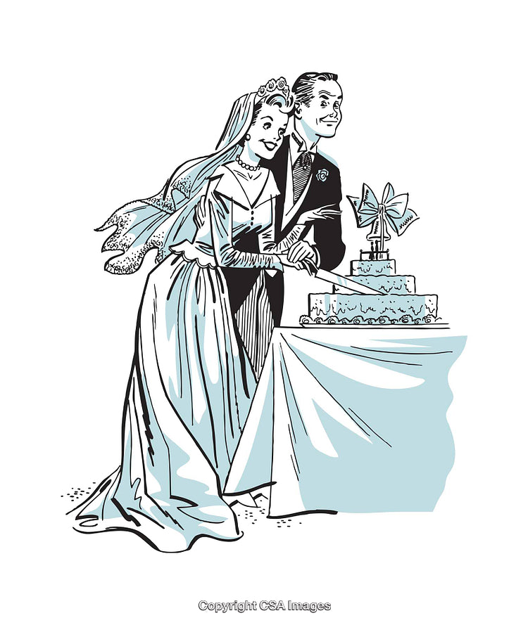 Retro Style Illustration of a Smiling Couple at Their Wedding Cake