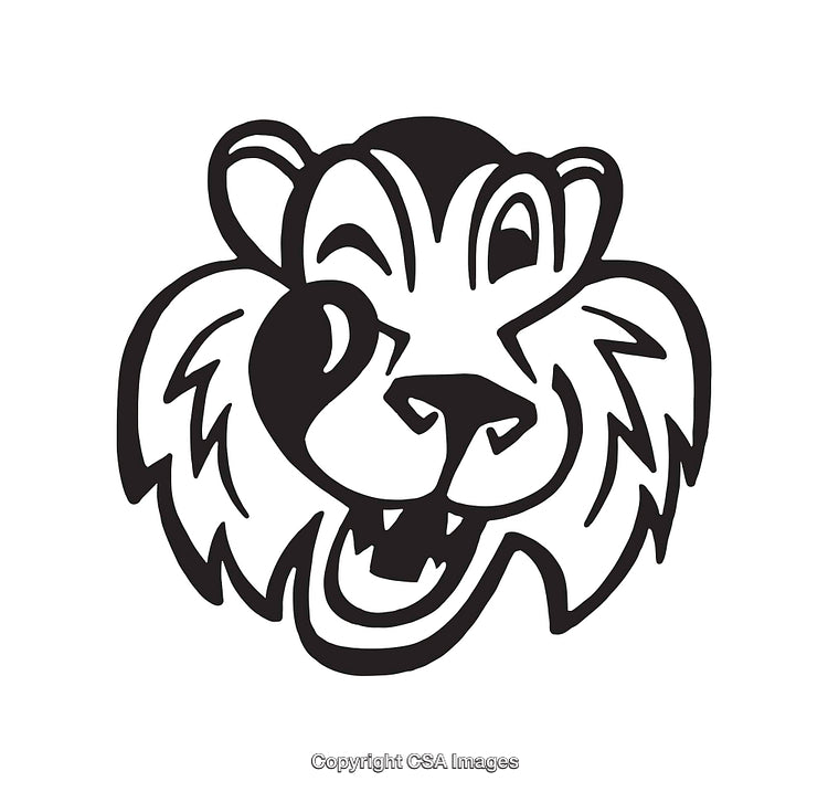 Black and White Cartoon Illustration of a Happy Lion Face