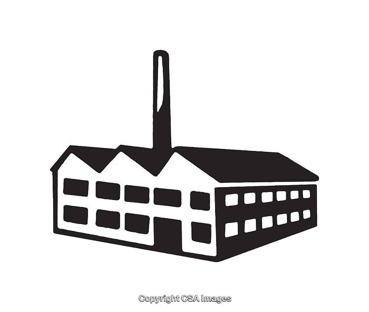 Black and White Factory Building Icon with Smokestack