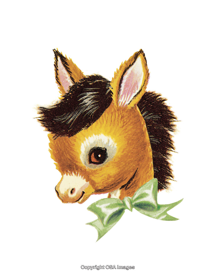 Charming Illustration of a Baby Donkey with a Green Bow on White Background