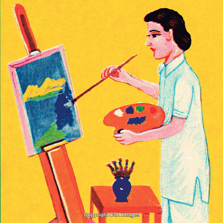 Artist Painting a Landscape on an Easel Against a Yellow Background