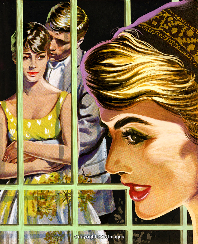 Romantic Illustration of a Couple and a Woman Observing Through a Window