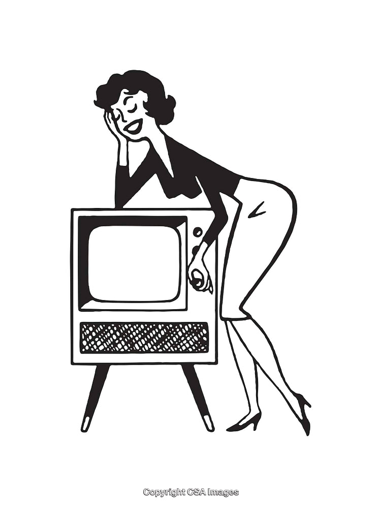 Retro Black and White Illustration of Woman with Vintage Television