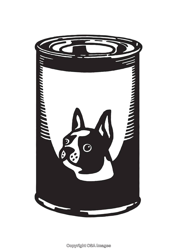 Black and White Line Art of a Dog on a Canned Item