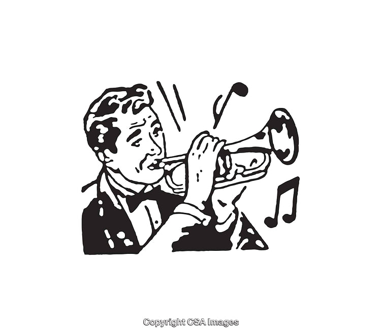 Black and White Line Art Illustration of a Trumpet Player Performing Music