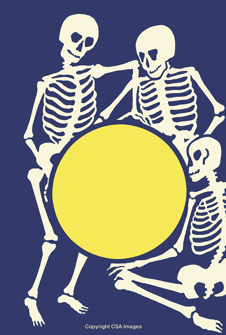 Playful Skeletons With a Yellow Circle Against a Blue Background