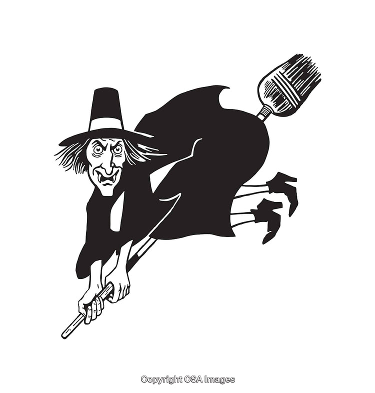 Black and White Line Art of a Flying Witch on a Broomstick
