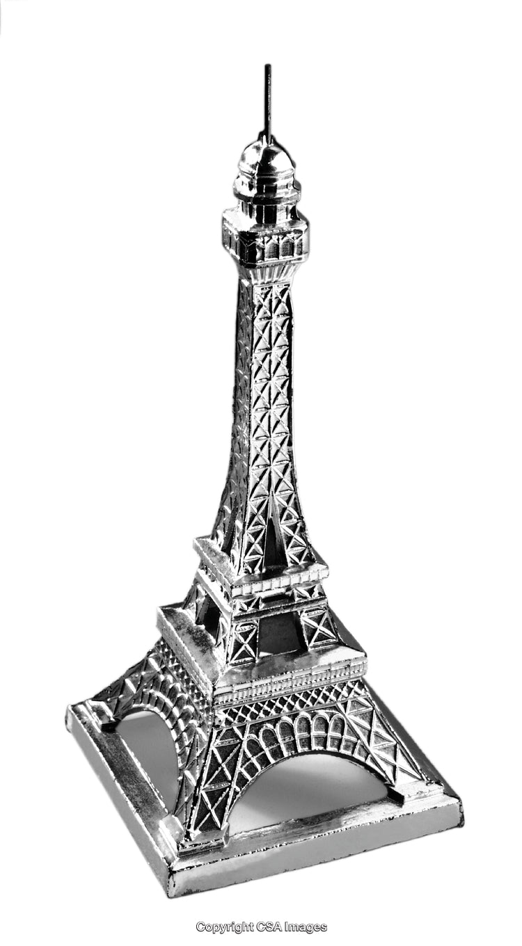 Silver Miniature Eiffel Tower Figurine on Isolated White Background