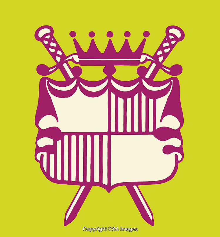 Elegant Coat of Arms with Swords and Crown in Artistic Line Art Style