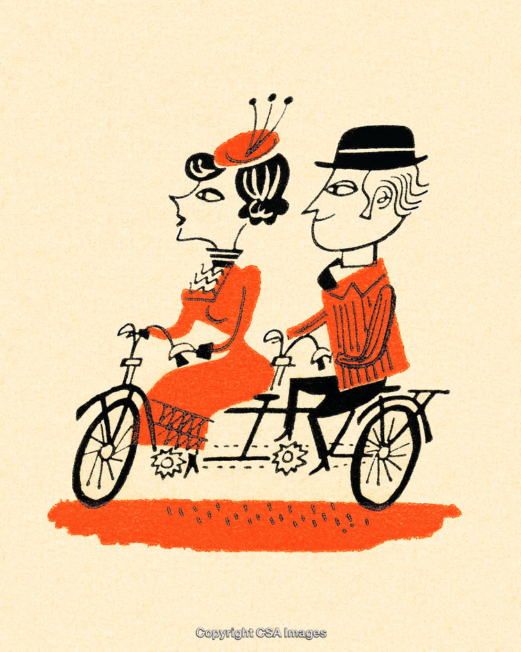 Retro Illustration of Couple Riding a Tandem Bicycle for Fun Outdoors