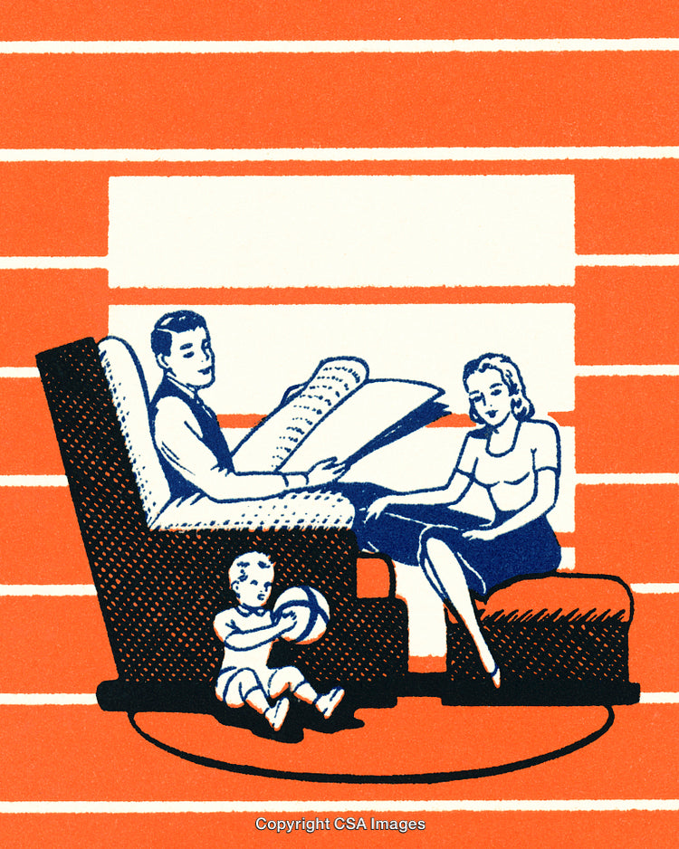 Vintage Family Illustration Depicting Parents and Child in Retro Style Decor