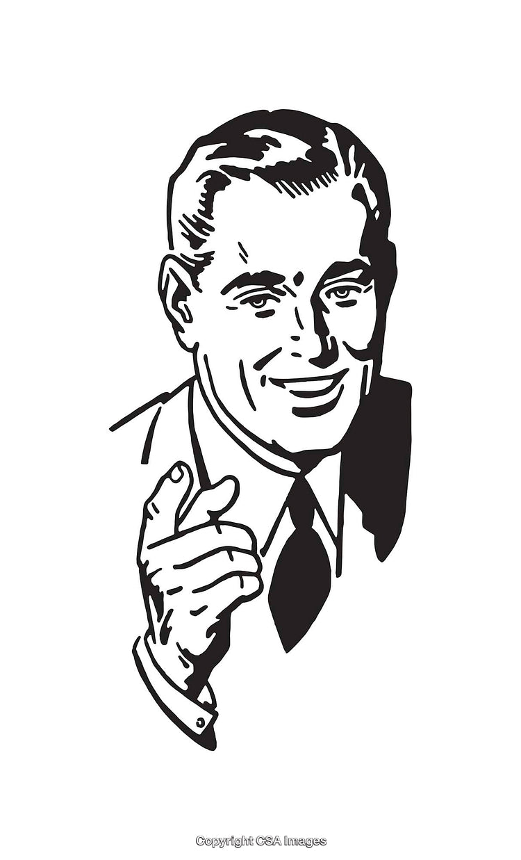 Retro Style Black and White Line Art of a Smiling Male Character