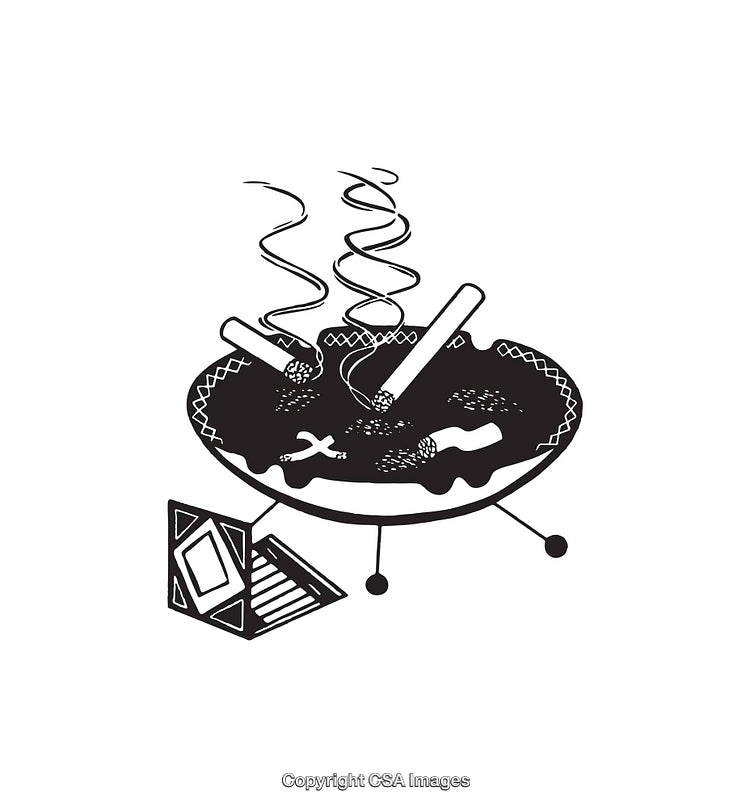 Black and White Line Art Illustration of Smoking Cigarettes in Ashtray