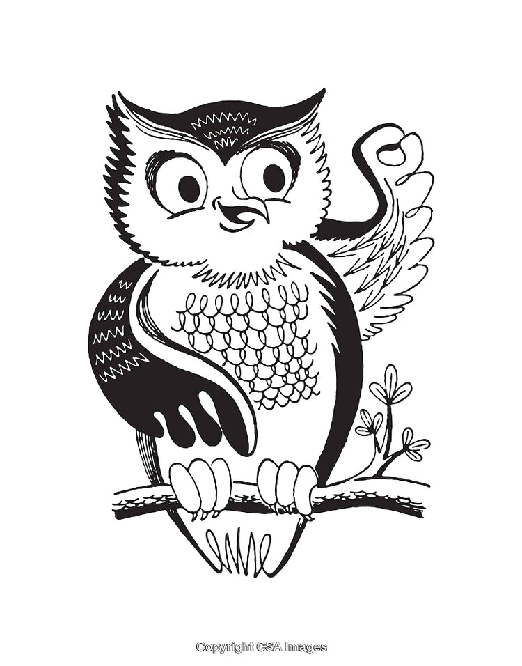 Black and White Line Art Illustration of a Cheerful Owl on a Branch