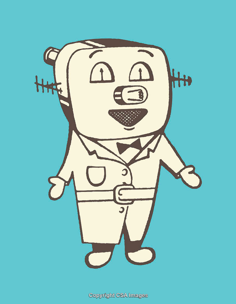 Whimsical Robot in Vintage Style Illustrated on Blue Background