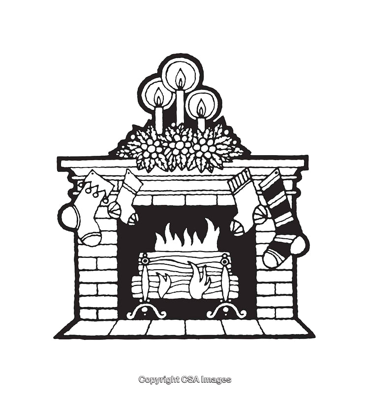 Cozy Fireplace Scene With Stockings and Decorations in Black and White Line Art