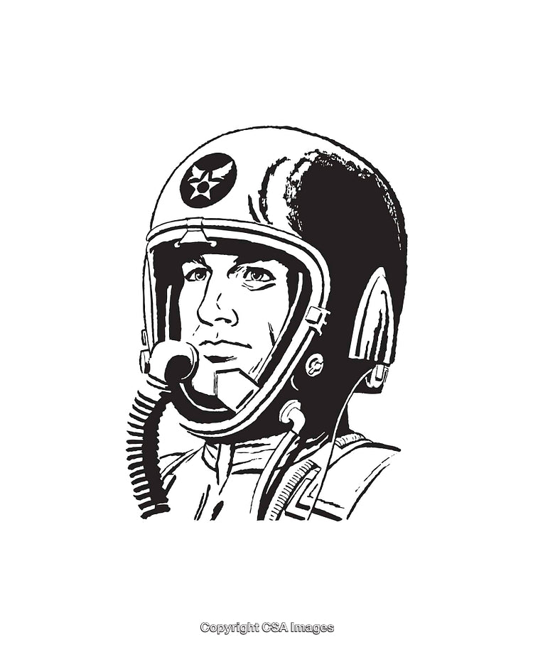 Black and White Illustration of a Pilot Wearing a Helmet and Gear