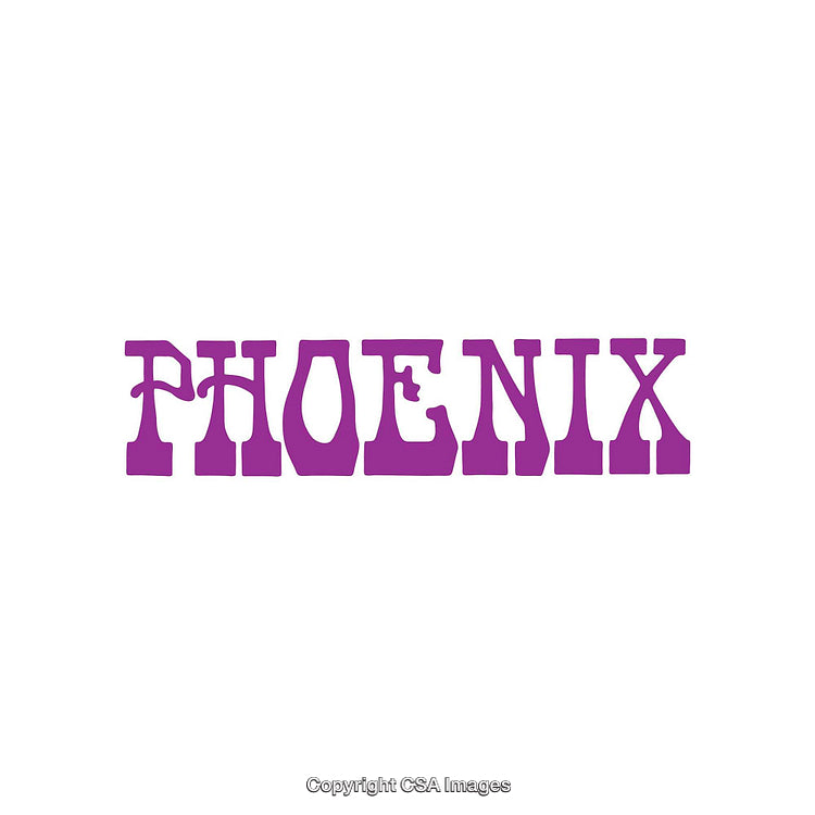 Purple Phoenix Text in Decorative Font on Plain White Background