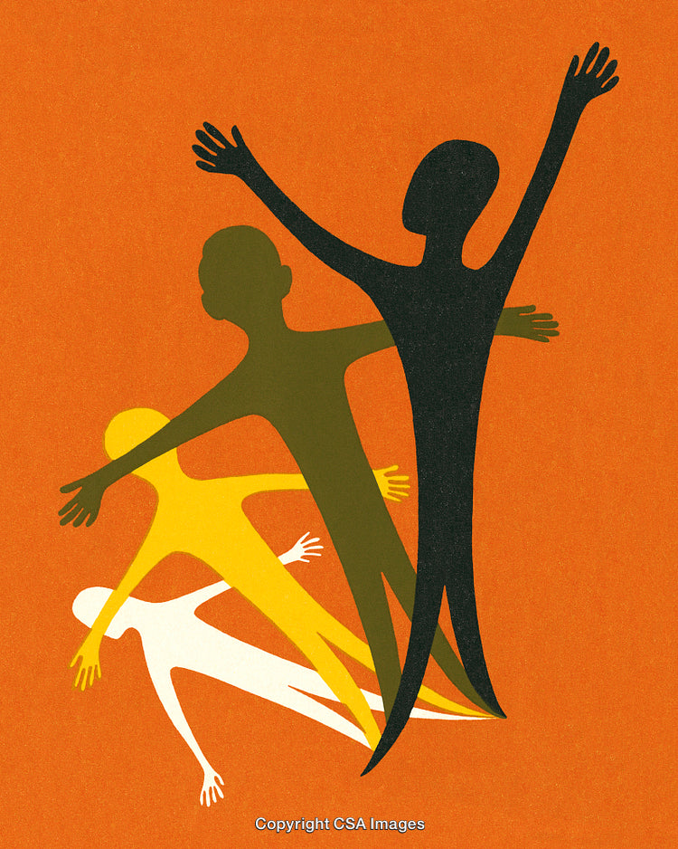 Colorful Abstract Silhouettes Overlayed on Vibrant Orange Background