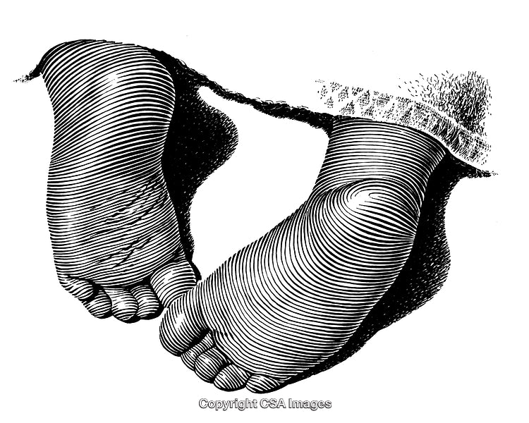 Detailed Black and White Engraving of Baby Feet Close-Up