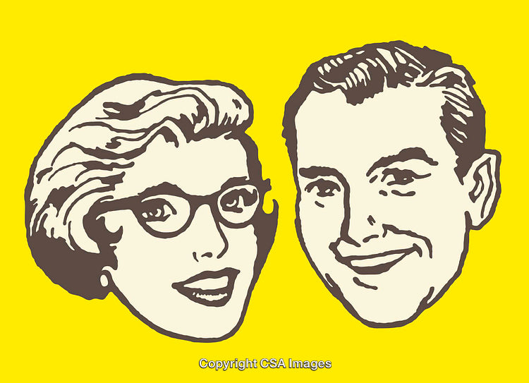 Retro Line Art Illustration Featuring A Smiling Man and Woman on Yellow