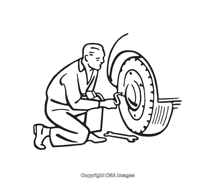 Line Art Illustration of a Mechanic Repairing a Vehicle Tire