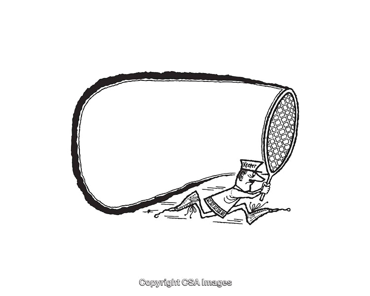 Black and White Line Art Cartoon of Keeper with Large Net