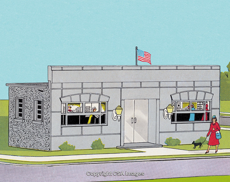 Retro Illustration of a Building with Flag and Pedestrian Walking a Cat