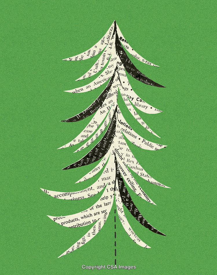 Creative Collage of Evergreen Tree Made with Text Cutouts on Green